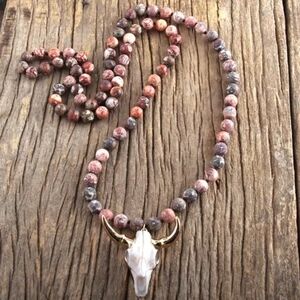 Beaded Necklace with Bull Skull Pendant